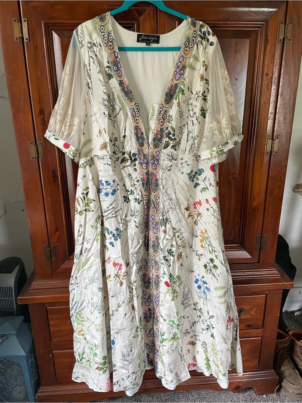Anthropologie Cream Floral Embroidered Maxi Dress
